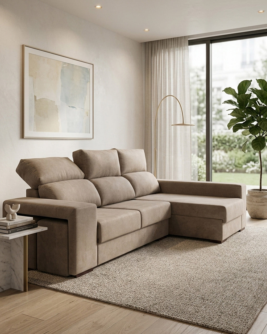 Sofá chaise longue MARBELLA com baú e puffs