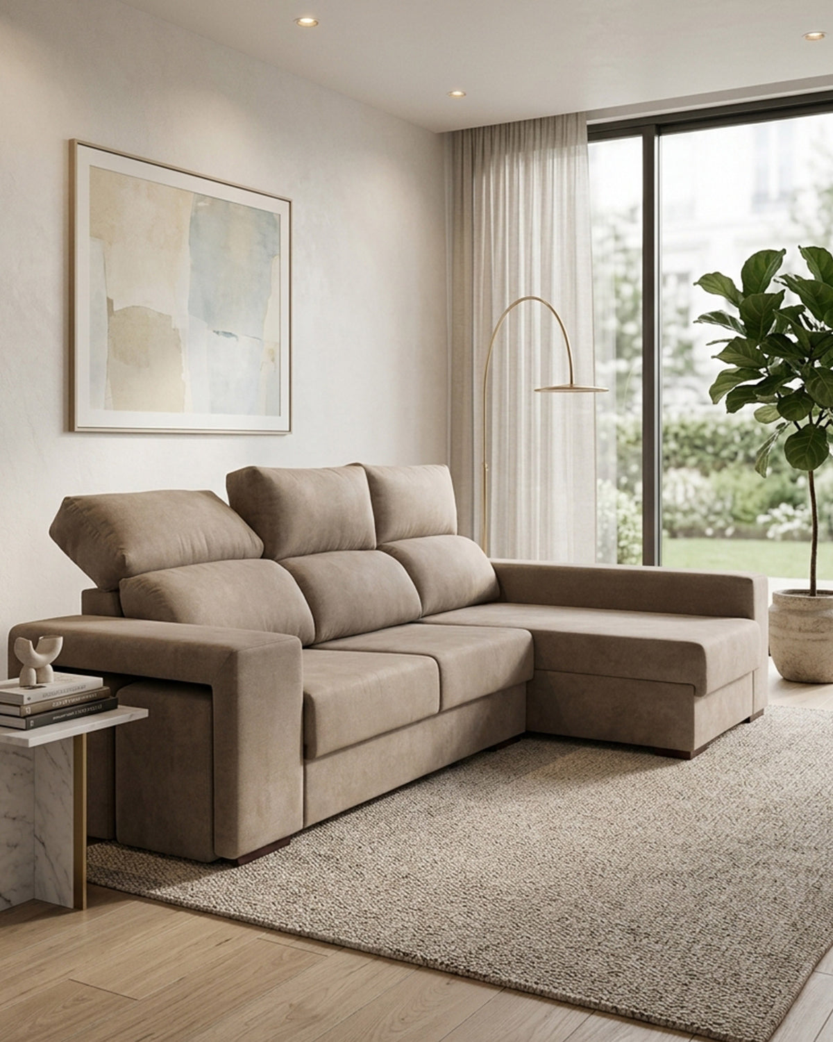 Sofá chaise longue MARBELLA com baú e puffs