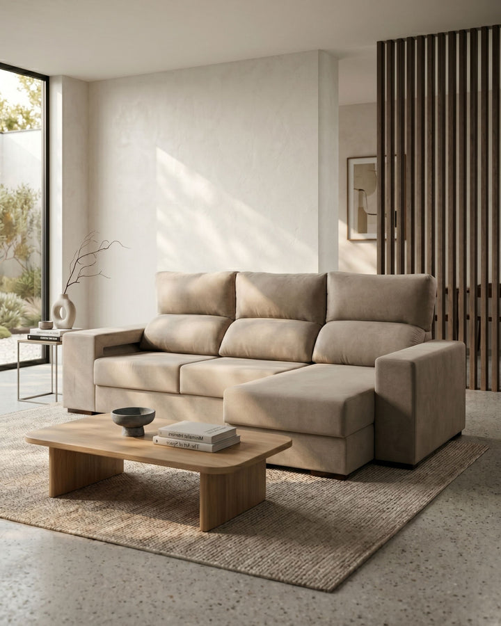 Sofá chaise longue MARBELLA com baú e puffs