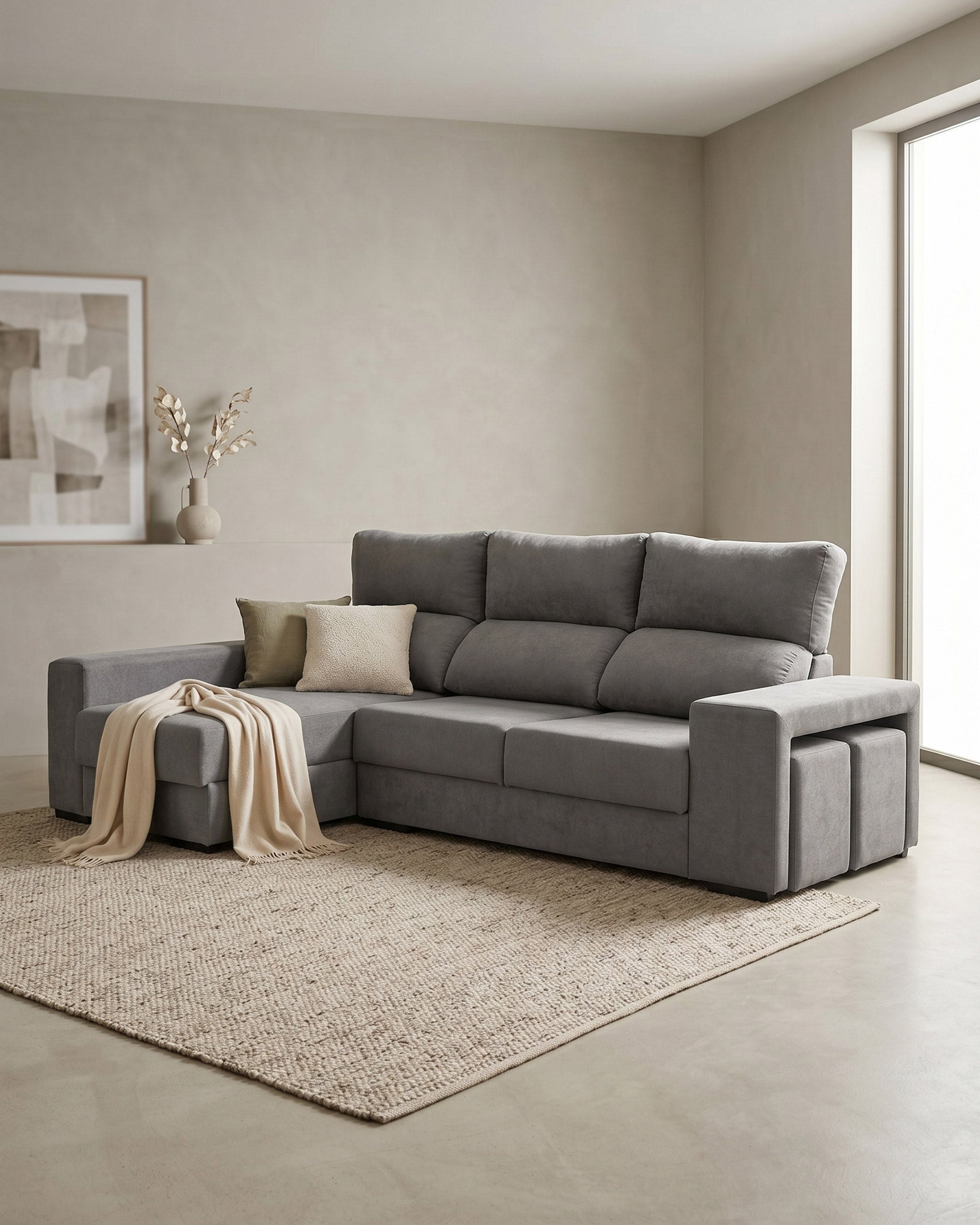MARBELLA chaise longue sofa with storage and pouffes