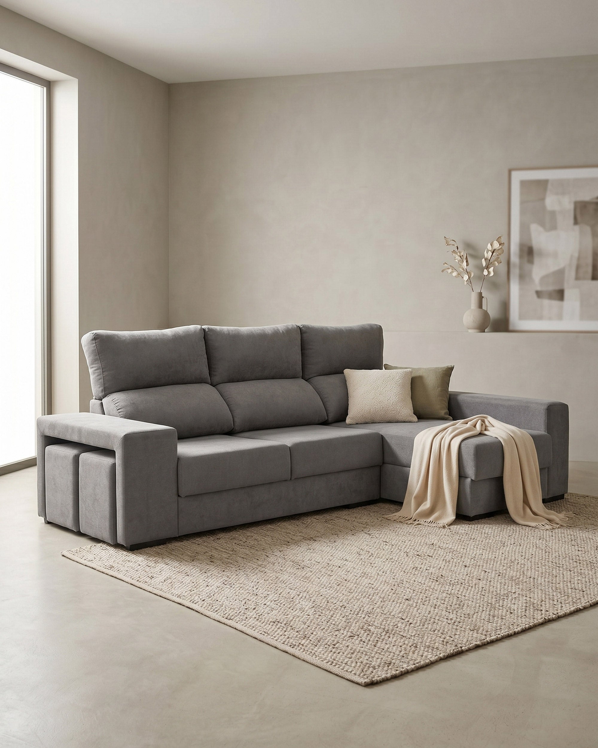 MARBELLA chaise longue sofa with storage and pouffes
