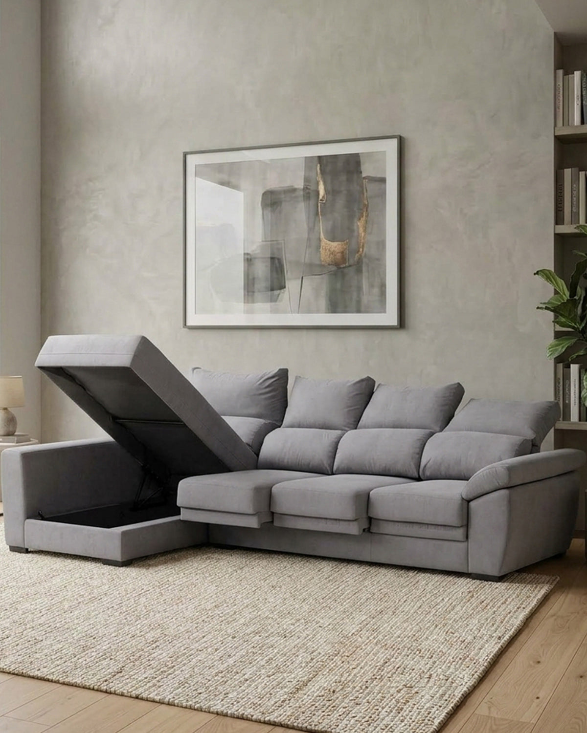 Sofá chaise longue reversible SAFIRA con arcón