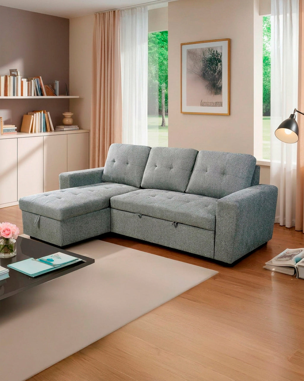 Sofá chaise longue reversível FABIANA III com cama e baú