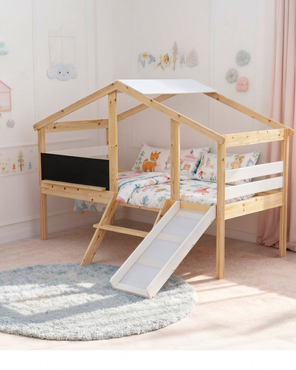 Cama alta infantil SLIDER com escorrega e quadro de lousa