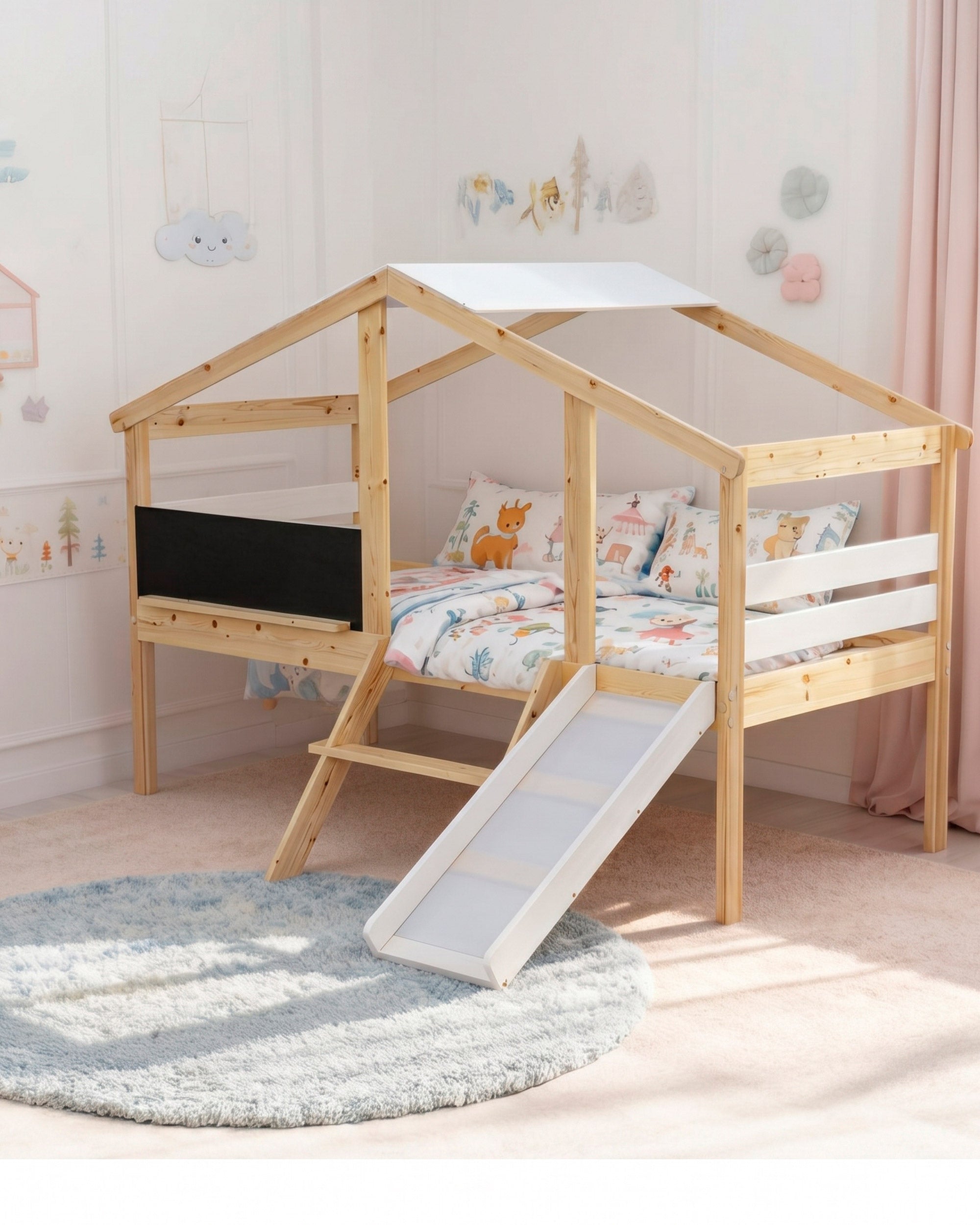 SLIDER children's high bed with slide and blackboard frame