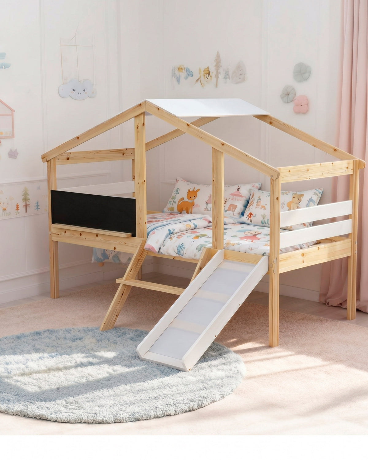 Cama alta infantil SLIDER com escorrega e quadro de lousa
