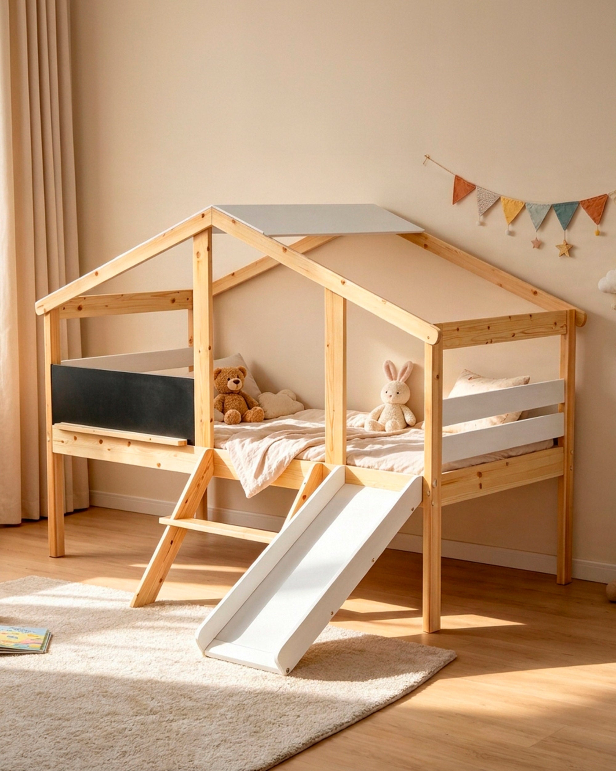 Cama alta infantil SLIDER con tobogán y pizarra