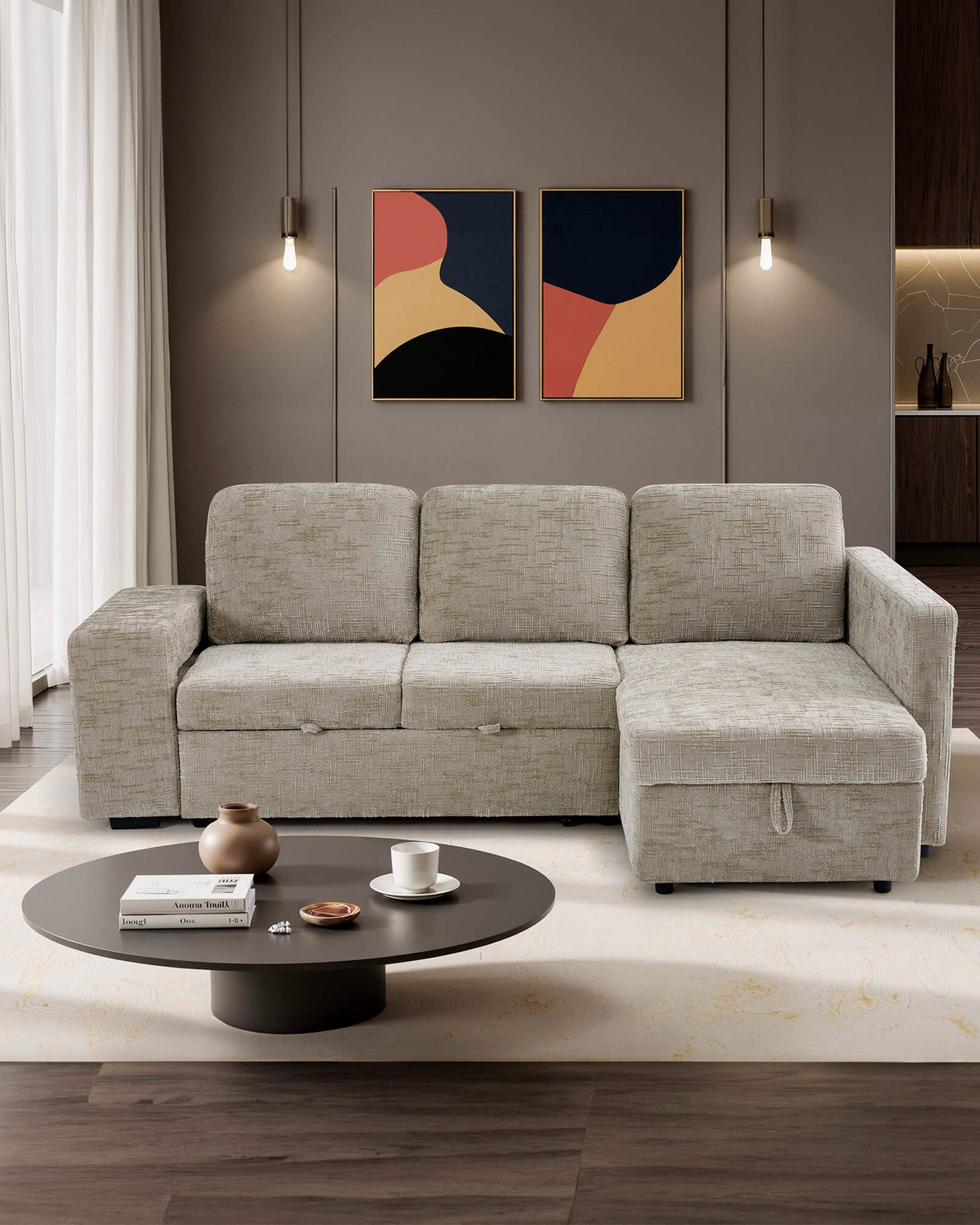 STACY II chaise longue sofa with bed, storage and ottomans