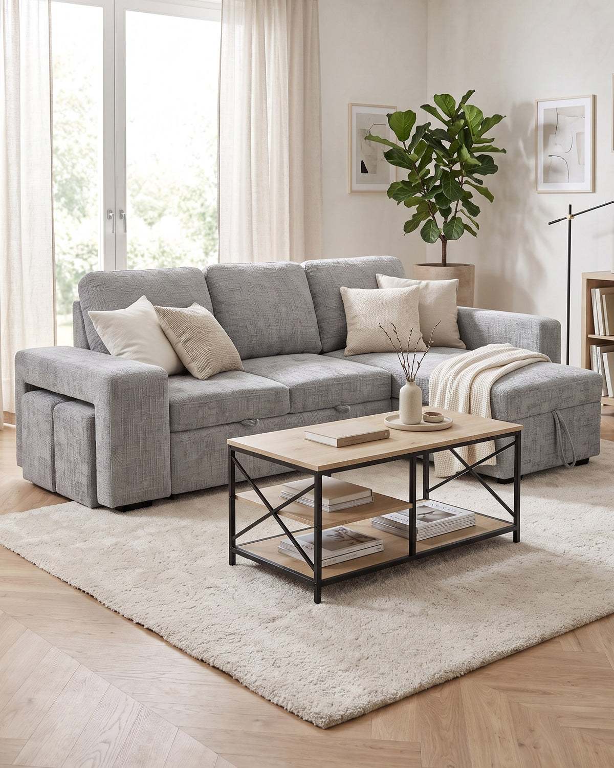 STACY II chaise longue sofa with bed, storage and ottomans
