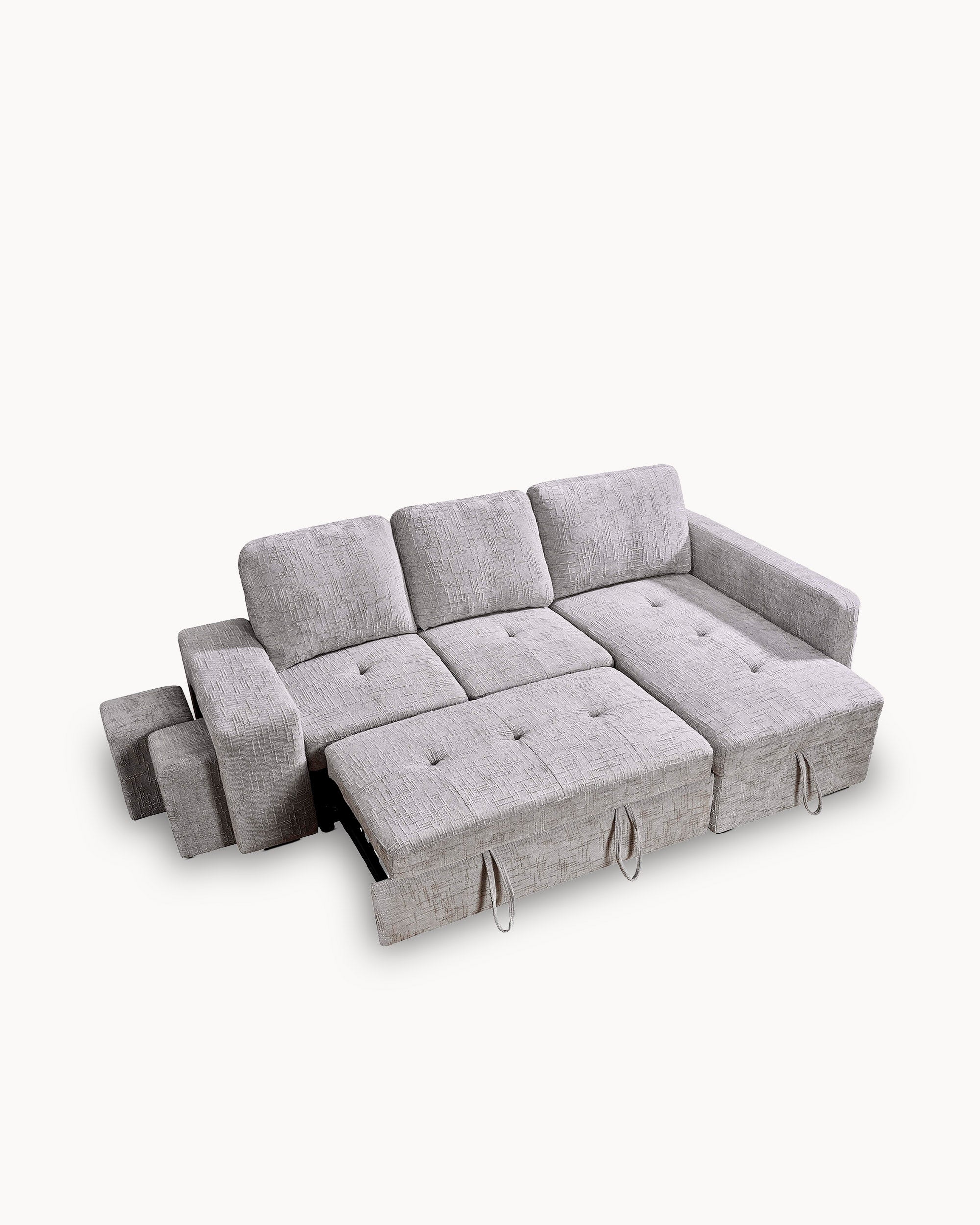 Sofá chaise longue STACY II com cama, baú e puffs