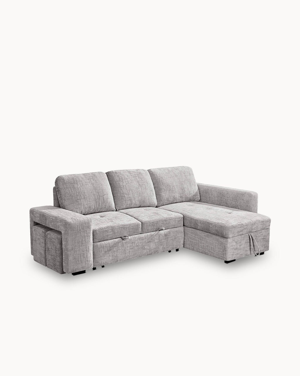 Sofá chaise longue STACY II com cama, baú e puffs