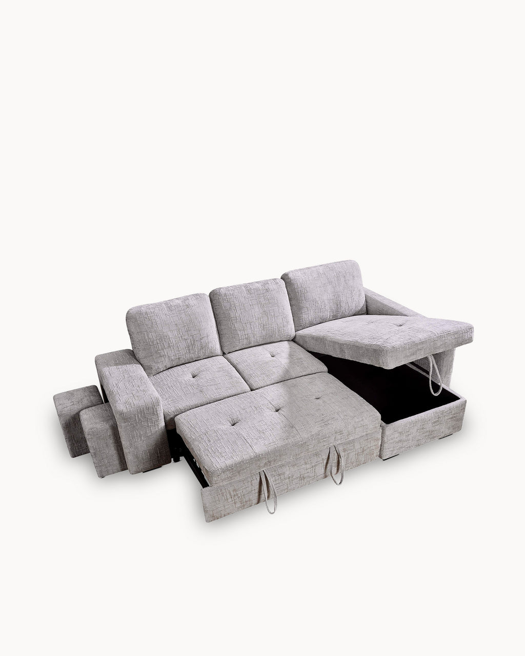 Sofá chaise longue STACY II com cama, baú e puffs