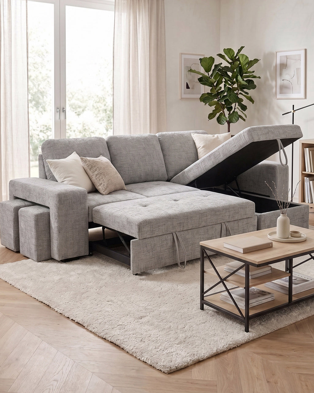 STACY II chaise longue sofa with bed, storage and ottomans