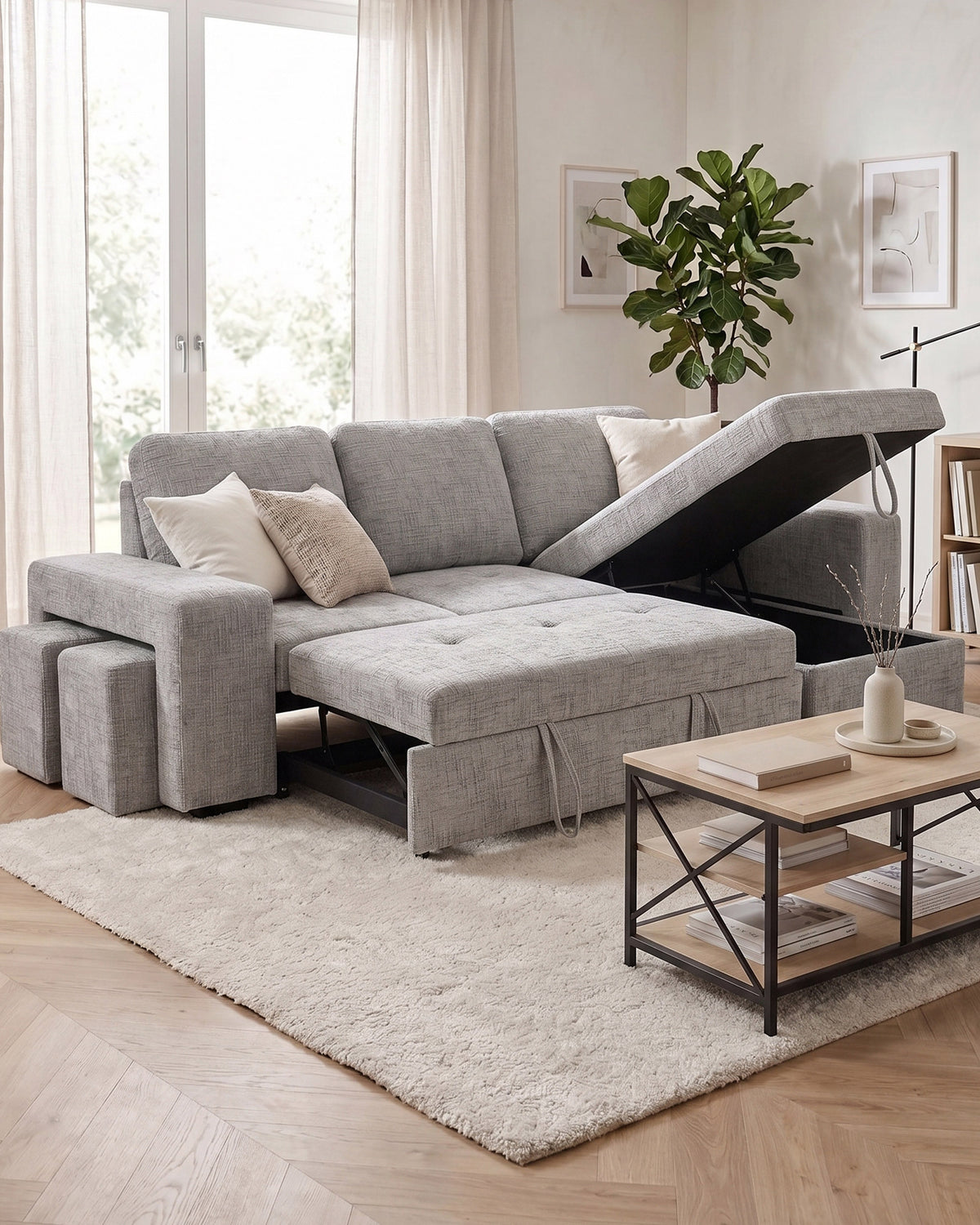 STACY II chaise longue sofa with bed, storage and ottomans