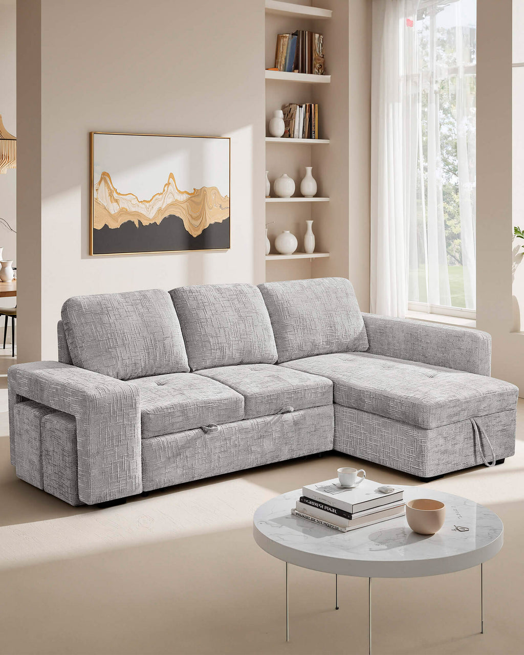 Sofá chaise longue STACY II com cama, baú e puffs