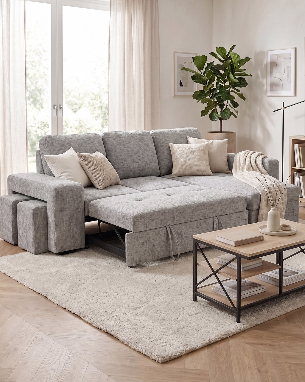 STACY II chaise longue sofa with bed, storage and ottomans