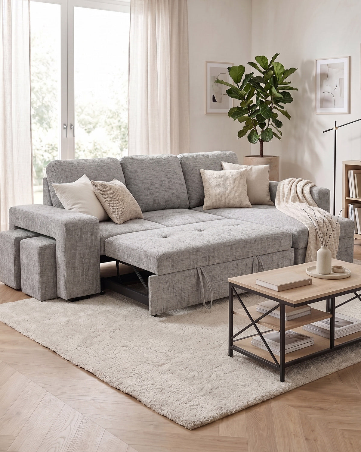 STACY II chaise longue sofa with bed, storage and ottomans