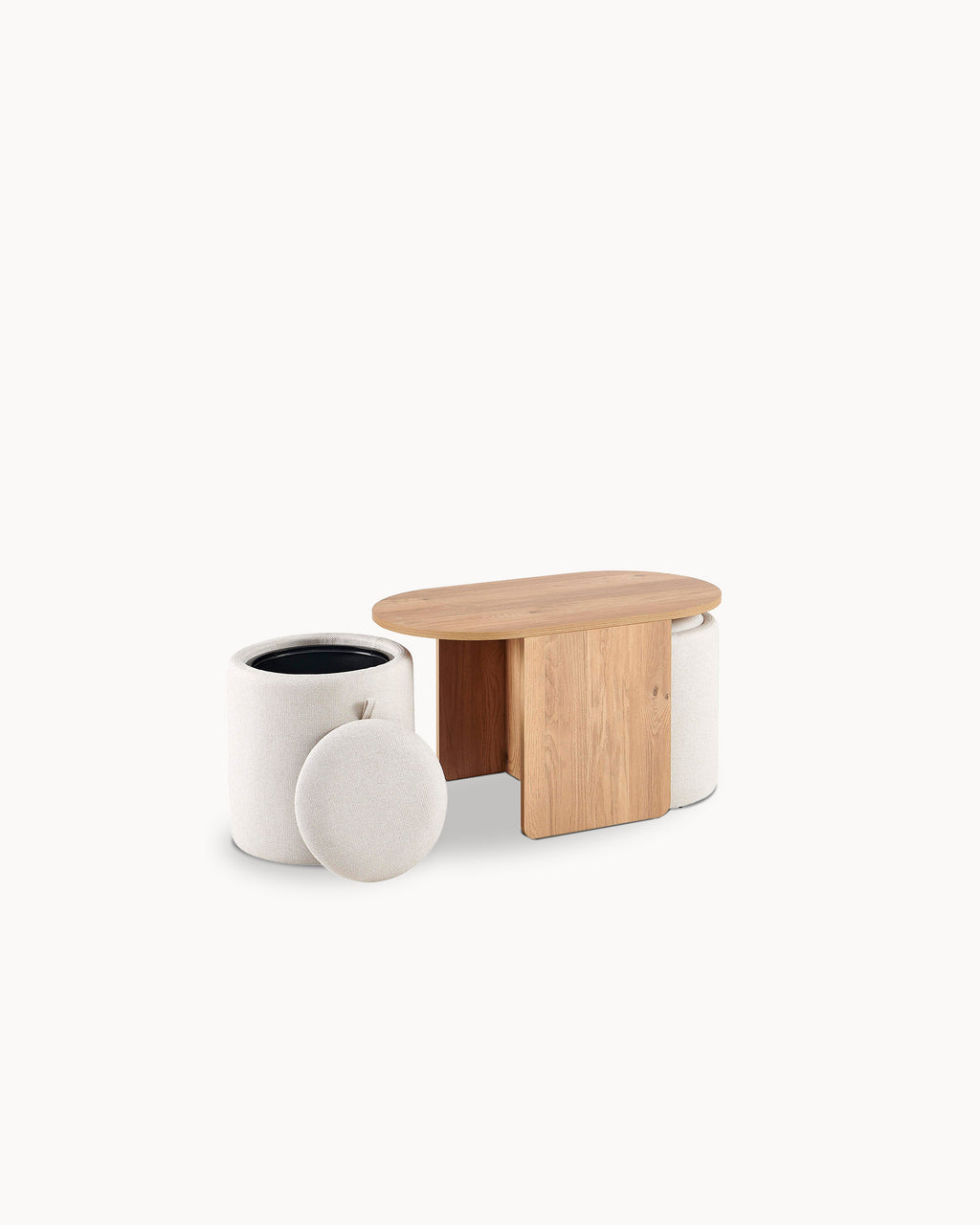 Mesa de centro WELLS com 2 puffs com arrumação