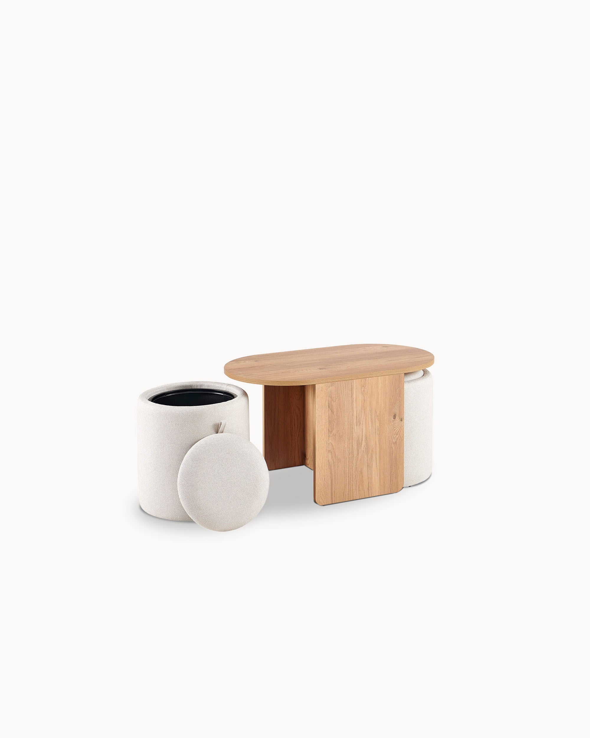 Mesa de centro WELLS com 2 puffs com arrumação