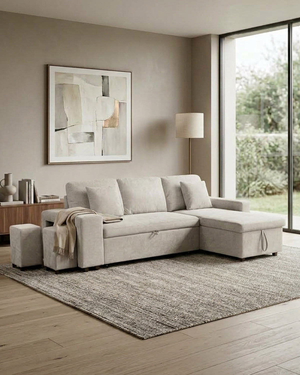 TOPAZIO reversible chaise longue sofa with bed, storage and pouffes