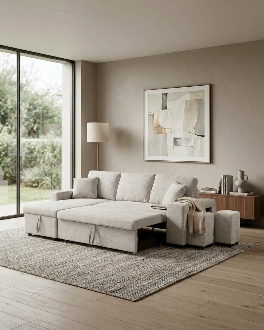 TOPAZIO reversible chaise longue sofa with bed, storage and pouffes