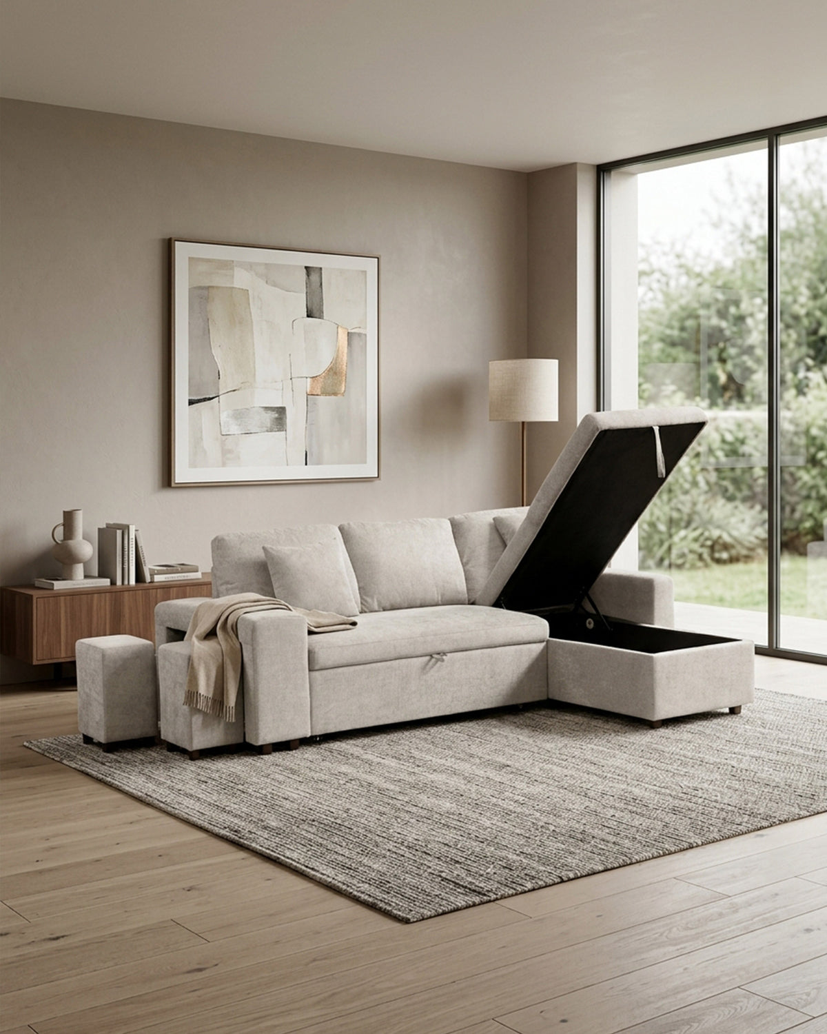 TOPAZIO reversible chaise longue sofa with bed, storage and pouffes