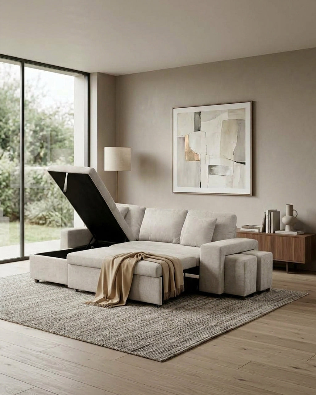 TOPAZIO reversible chaise longue sofa with bed, storage and pouffes