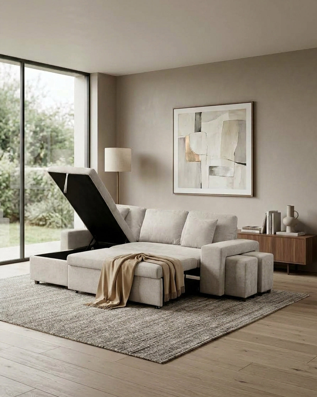 TOPAZIO reversible chaise longue sofa with bed, storage and pouffes