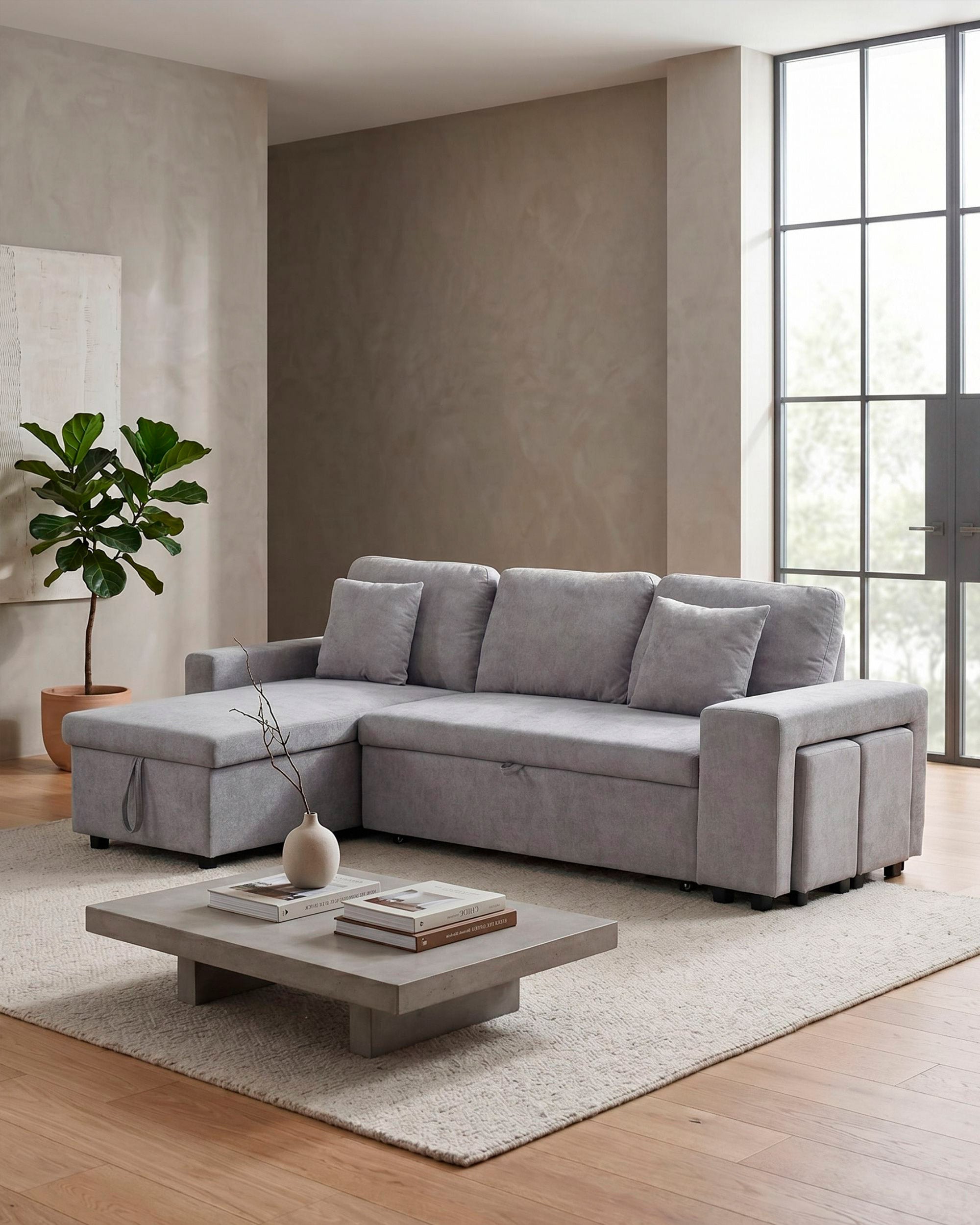 TOPAZIO reversible chaise longue sofa with bed, storage and pouffes