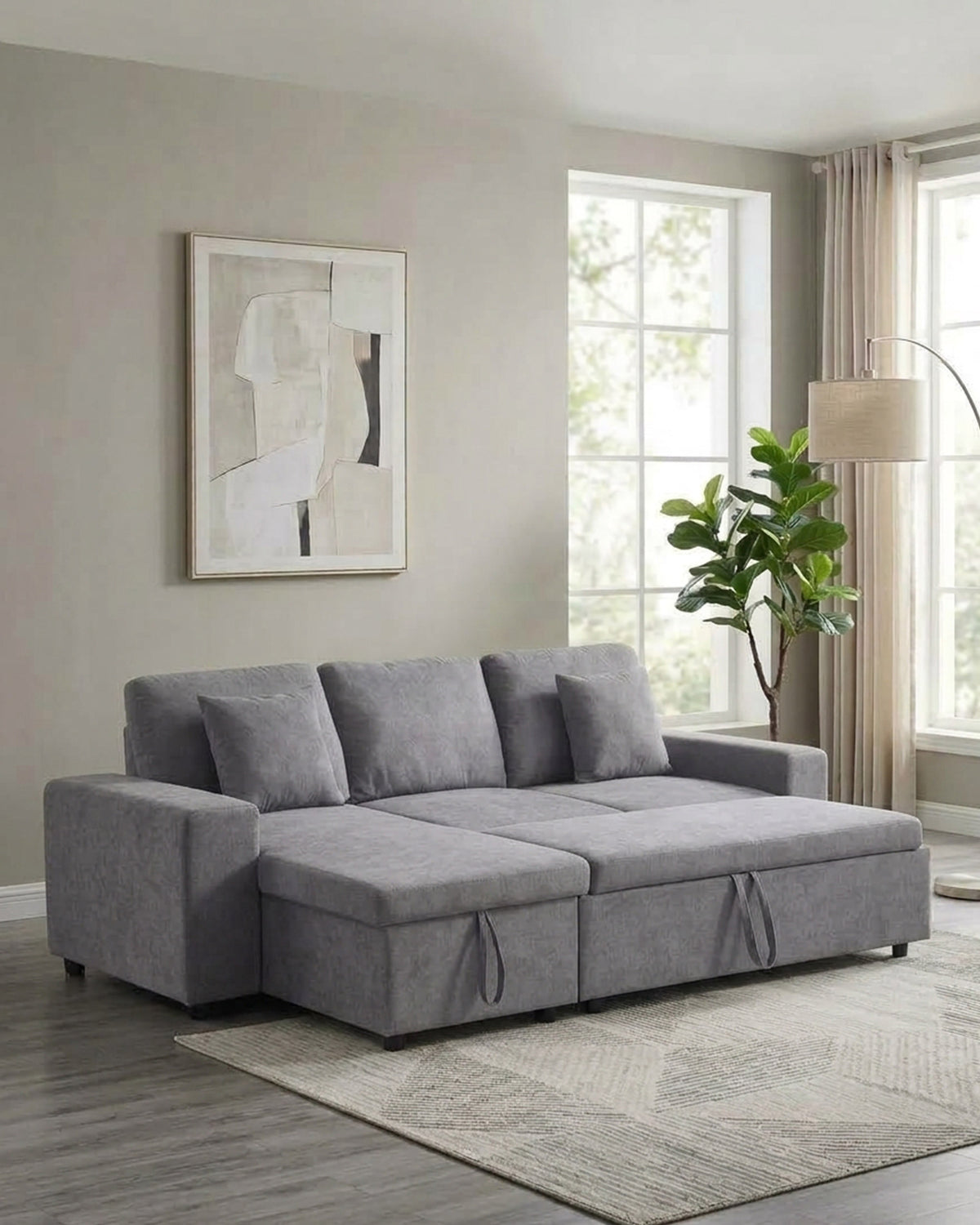 Sofá chaise longue reversível TOPAZIO com cama, baú e puffs