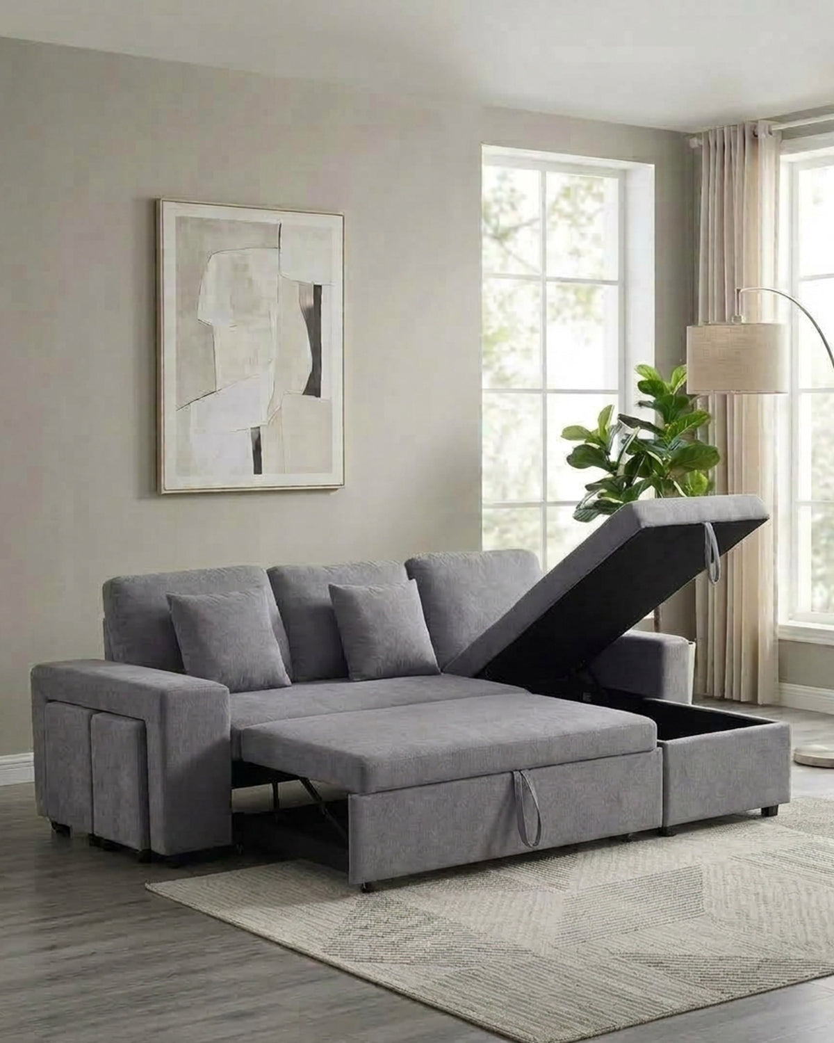 Sofá chaise longue reversível TOPAZIO com cama, baú e puffs