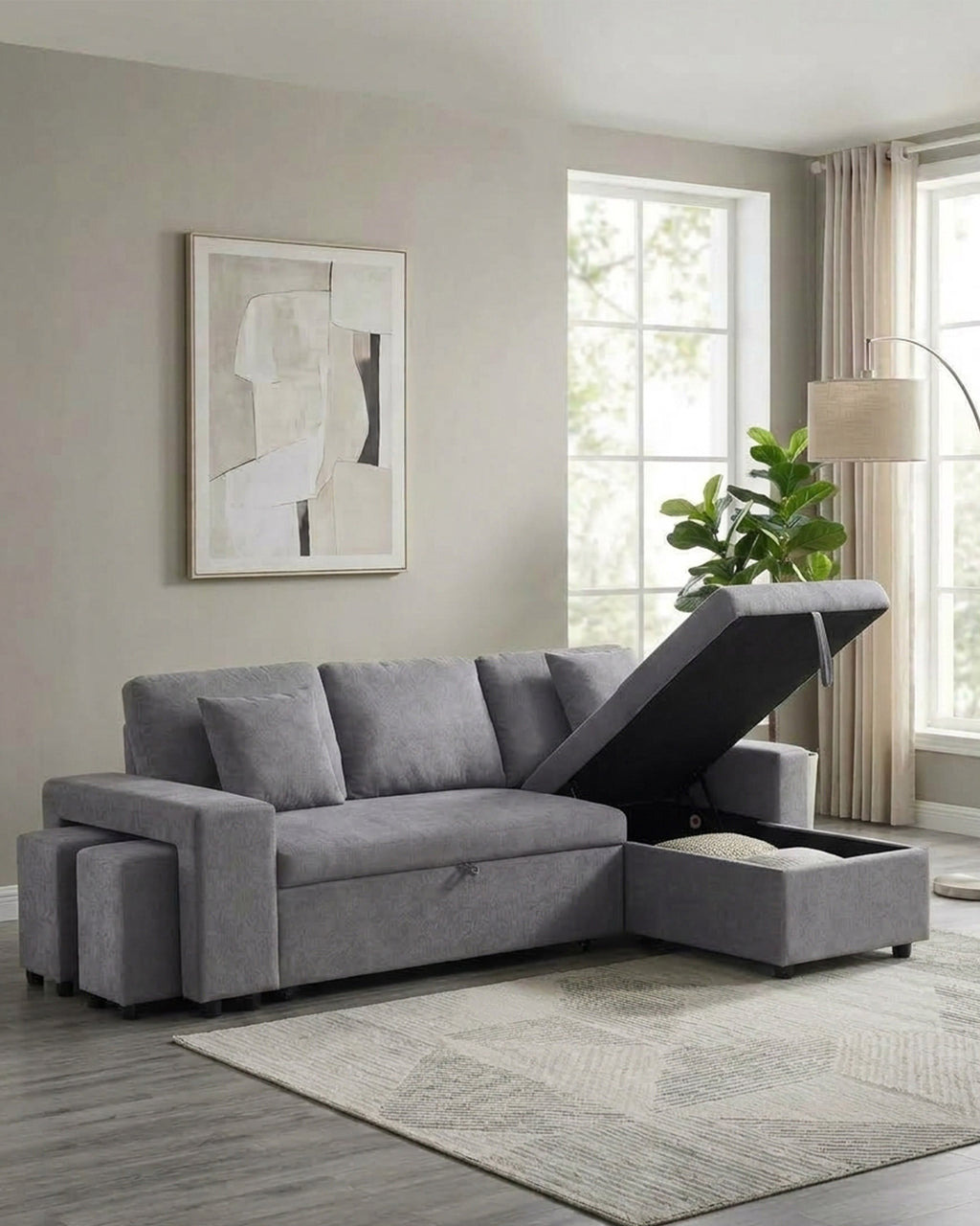 Sofá chaise longue reversível TOPAZIO com cama, baú e puffs