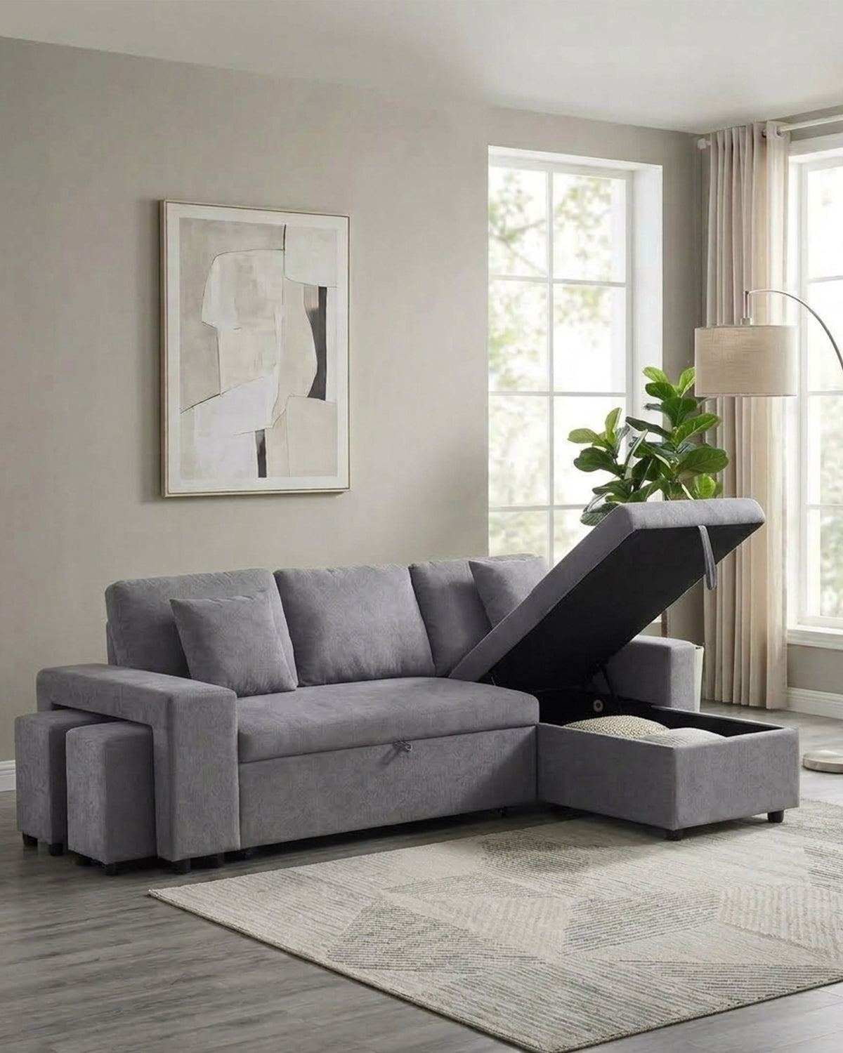 Sofá chaise longue reversível TOPAZIO com cama, baú e puffs