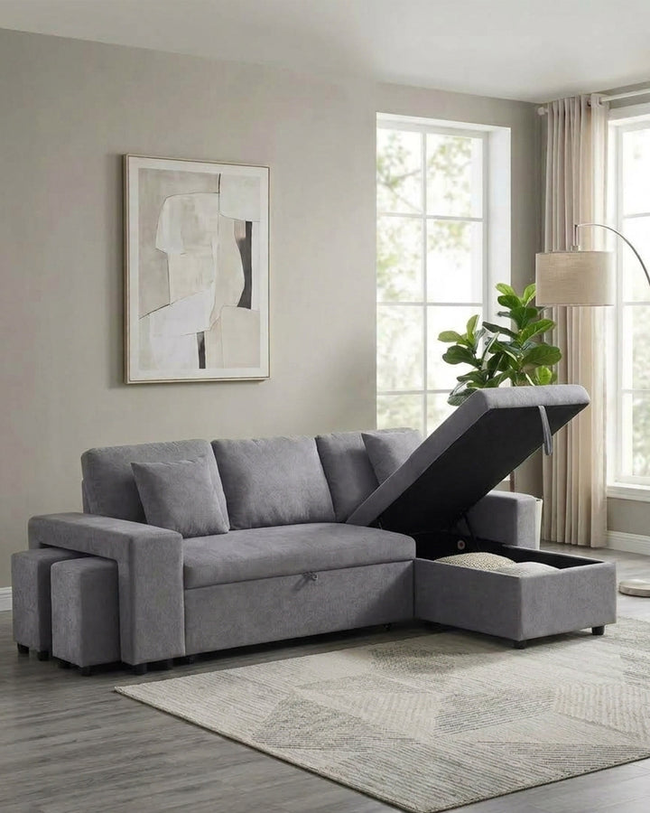 Sofá chaise longue reversível TOPAZIO com cama, baú e puffs