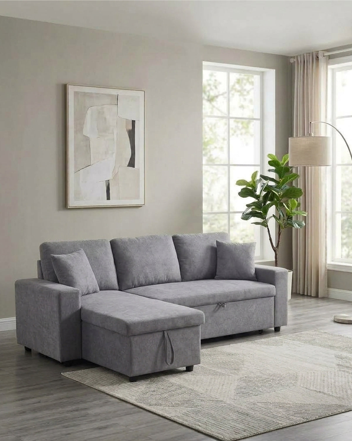 Sofá chaise longue reversível TOPAZIO com cama, baú e puffs
