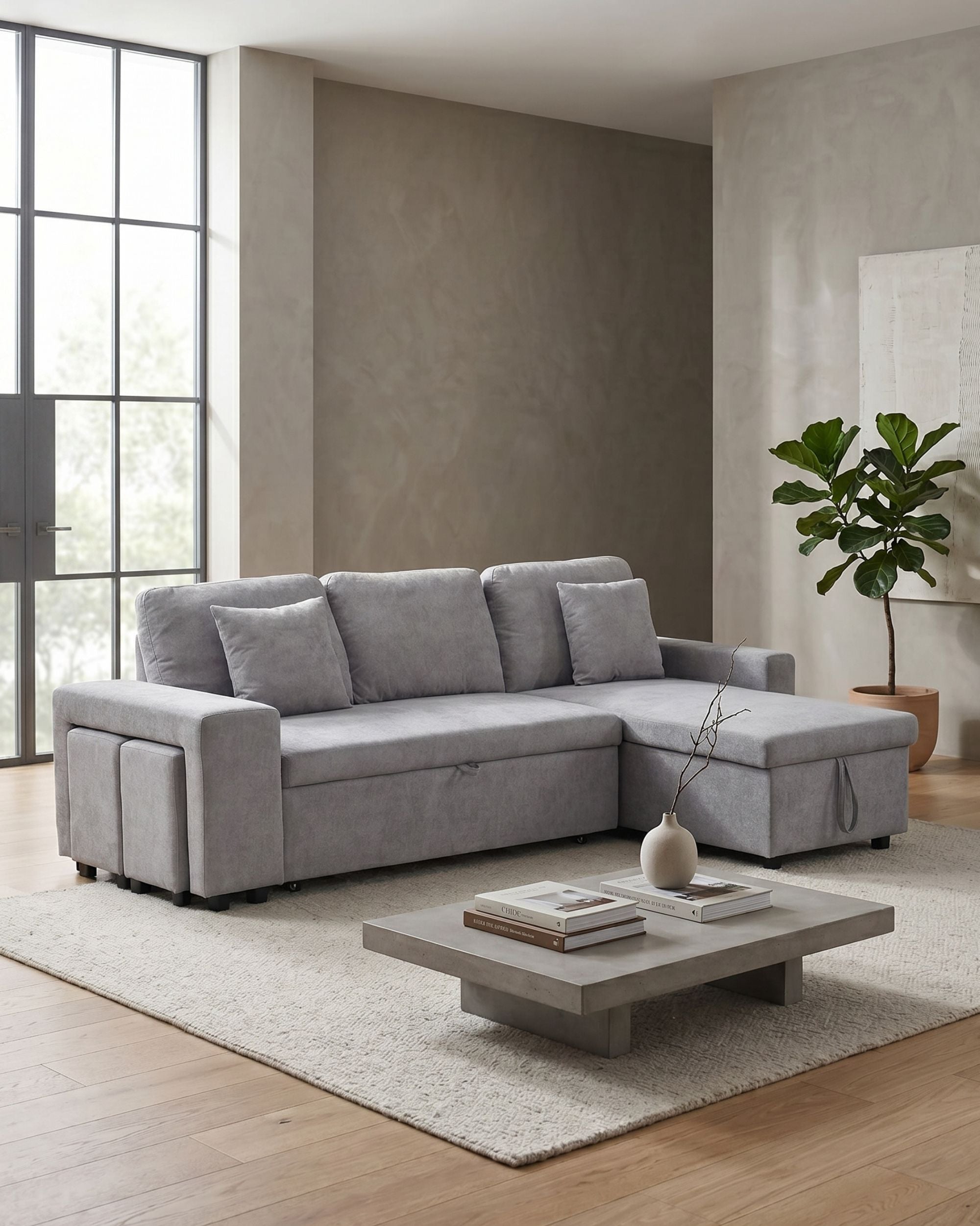 Sofá chaise longue reversível TOPAZIO com cama, baú e puffs