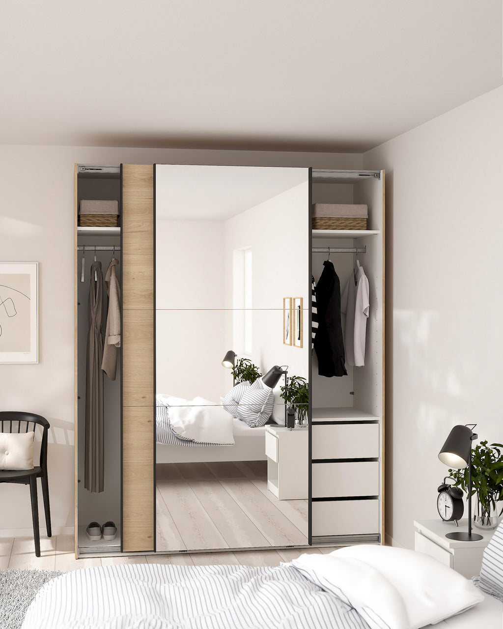 Wardrobe COMO with 2 doors, mirror, and integrated chest of drawers
