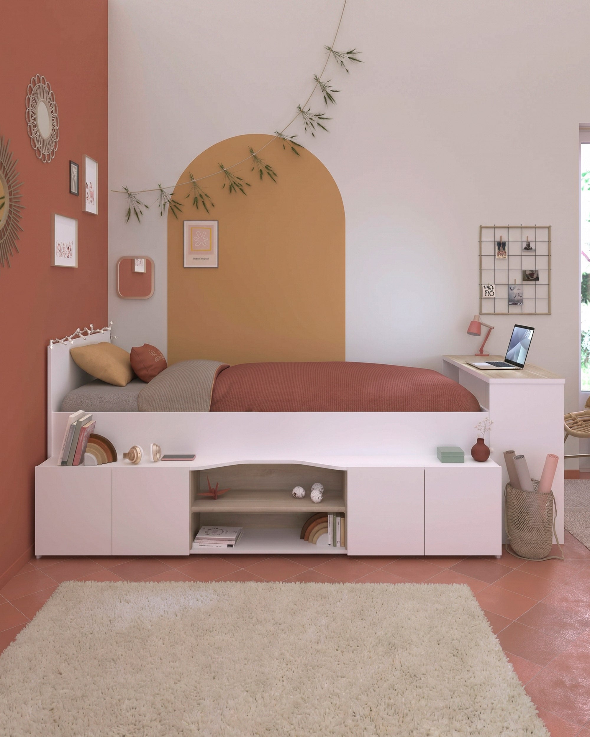 Reversible high sleeper bed CLEO with desk and storage