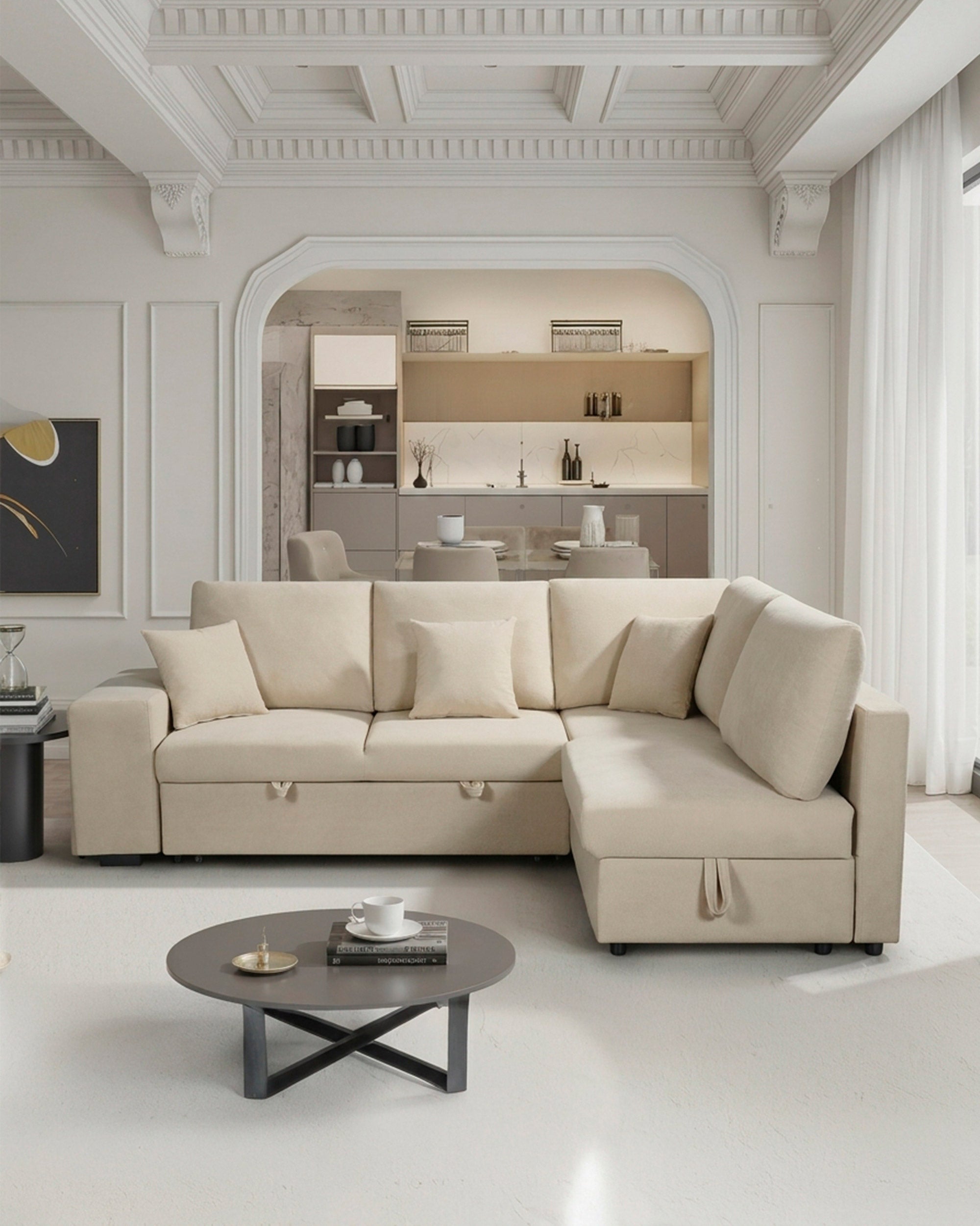 Sofá rinconero HUTCH II con cama, arcón y pufs