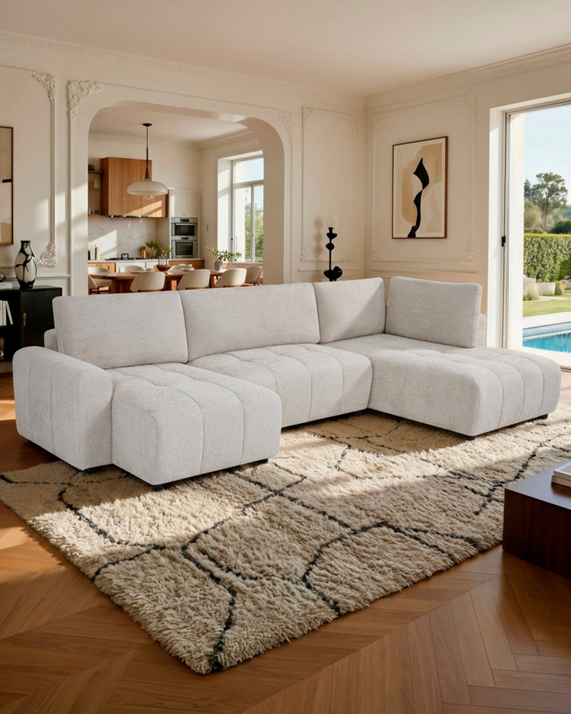Sofá de canto BRAD com chaise longue,cama e baú