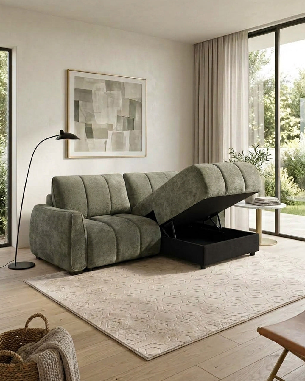 Sofá chaise longue reversível TANK com cama e baús