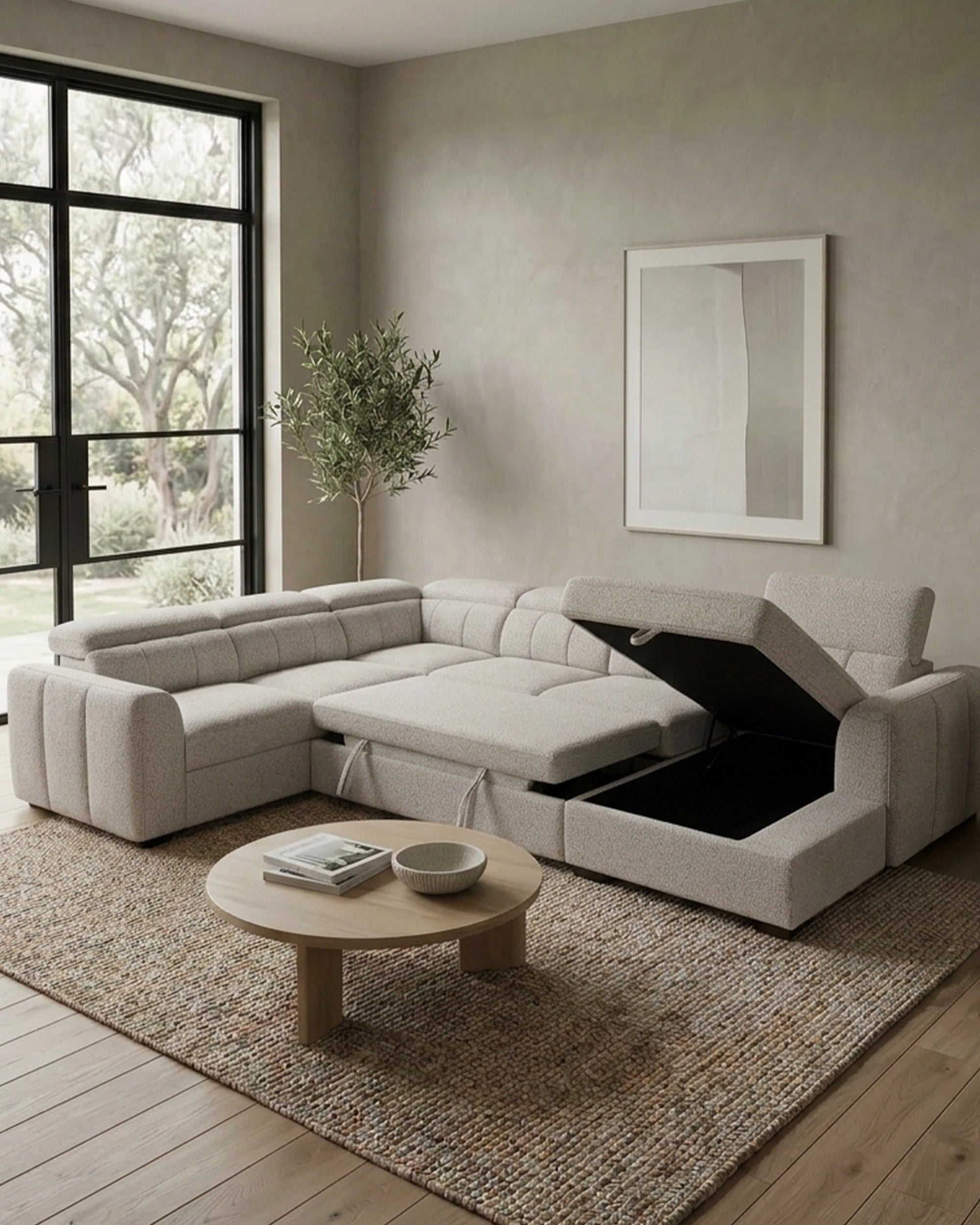 Sofá de canto VIKA com chaise longue,cama e baú