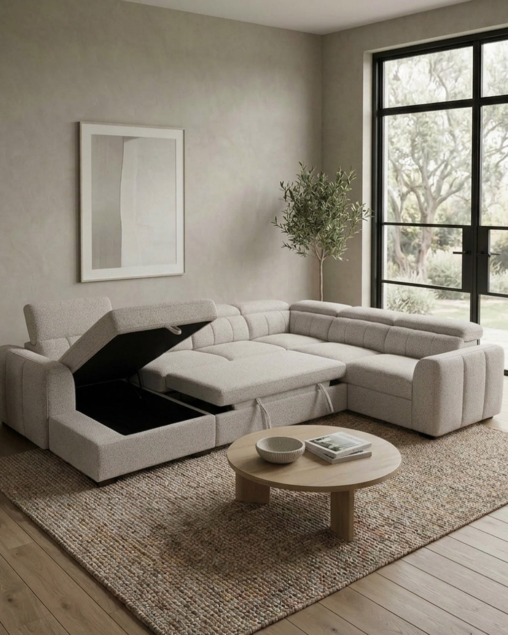 Sofá de canto VIKA com chaise longue,cama e baú