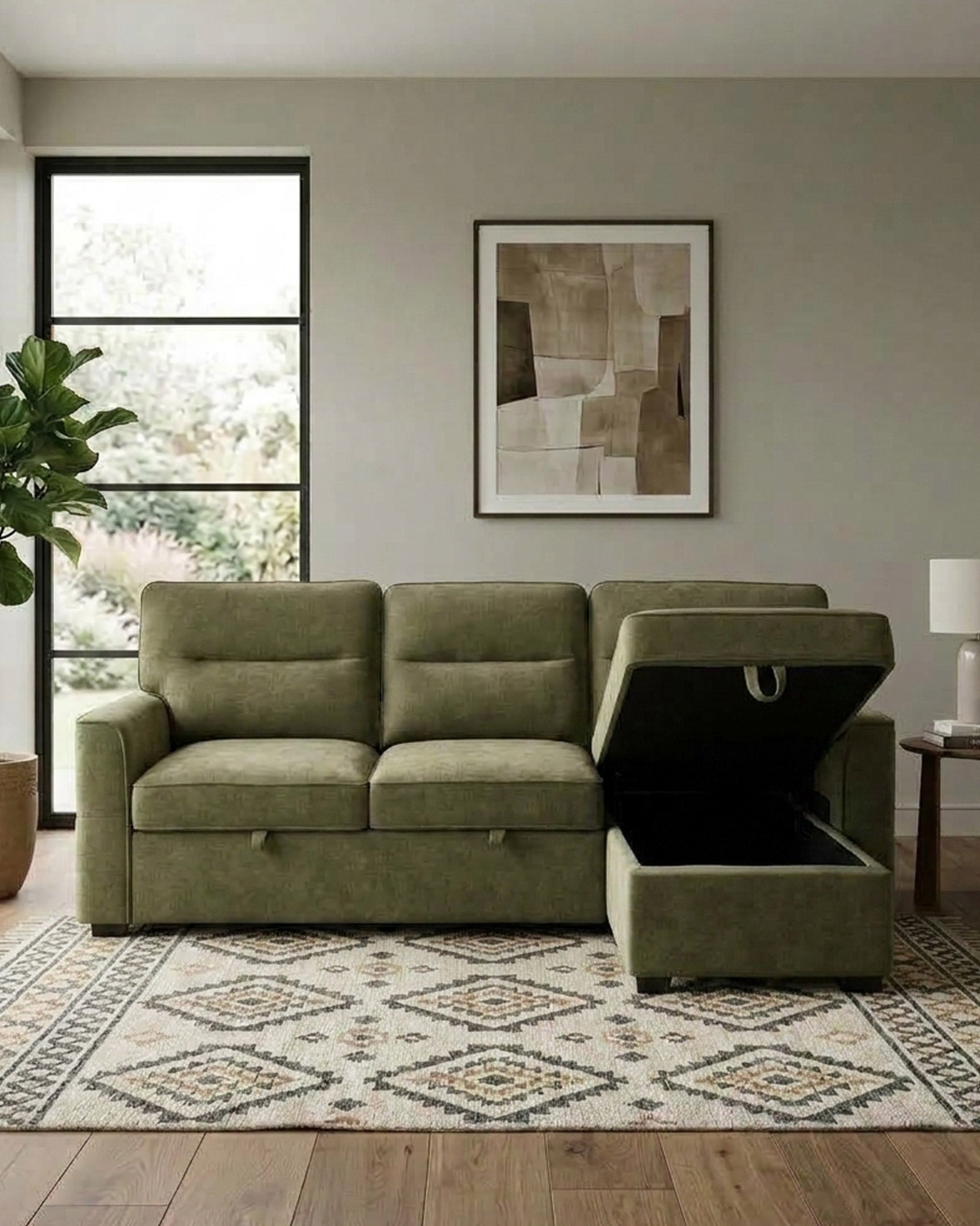 Sofá chaise lounge reversível POLINA com cama e baú