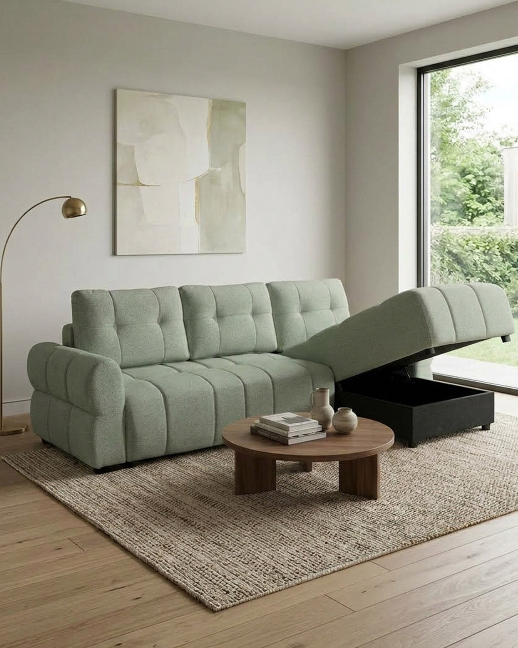 Sofá chaise longue RAYLA con cama y arcón
