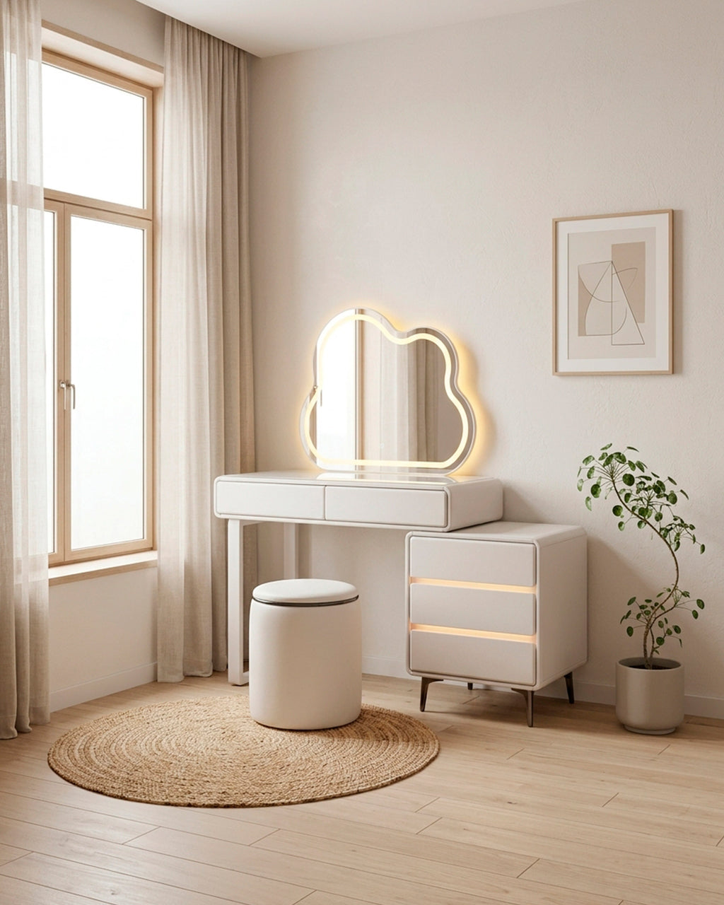 Toucador KUMO com espelho com iluminação LED e puff