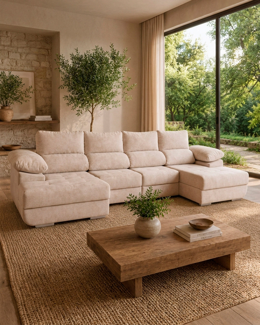 Sofá com dupla chaise longue CORNITO com baús e cama