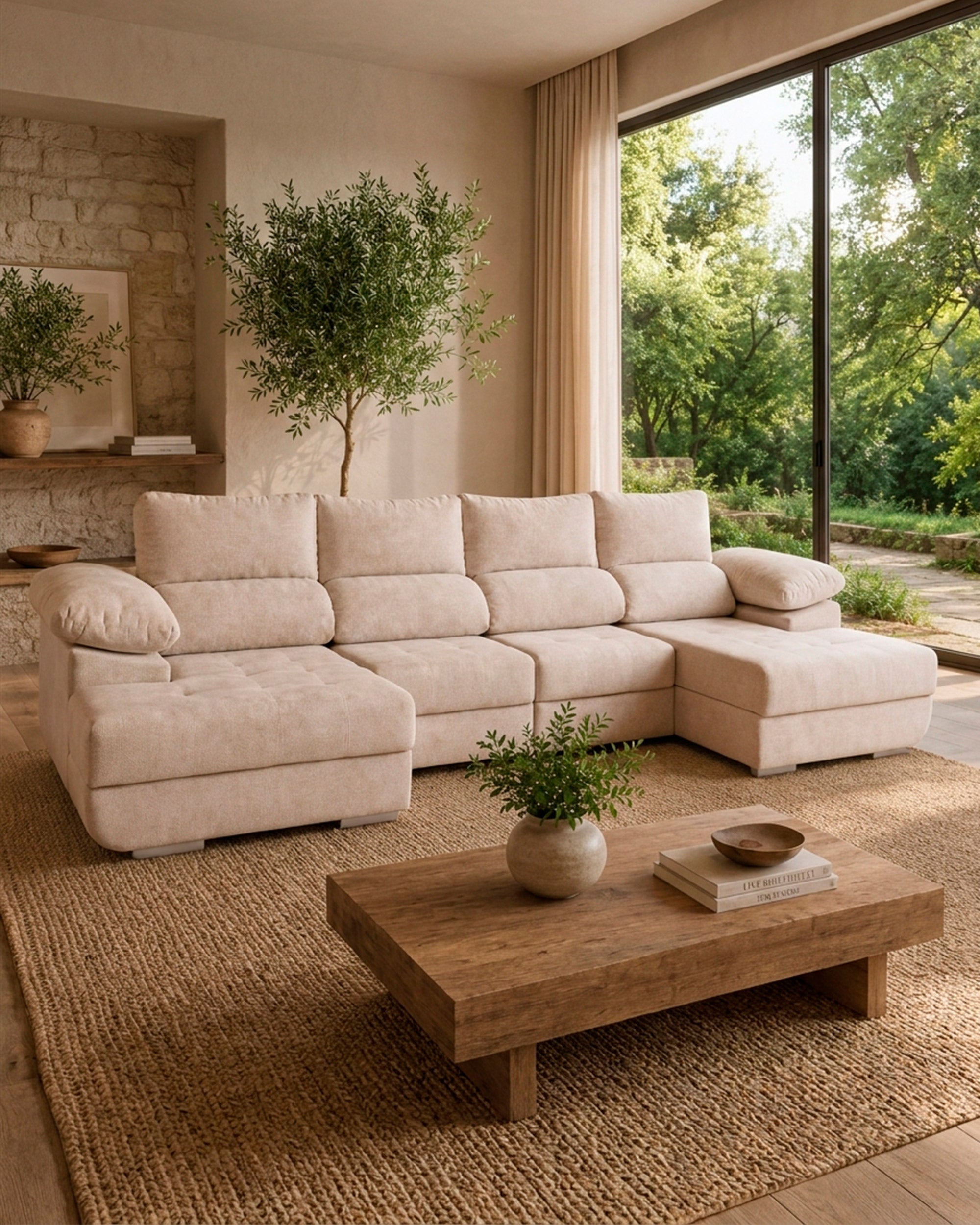 Sofá com dupla chaise longue CORNITO com baús e cama