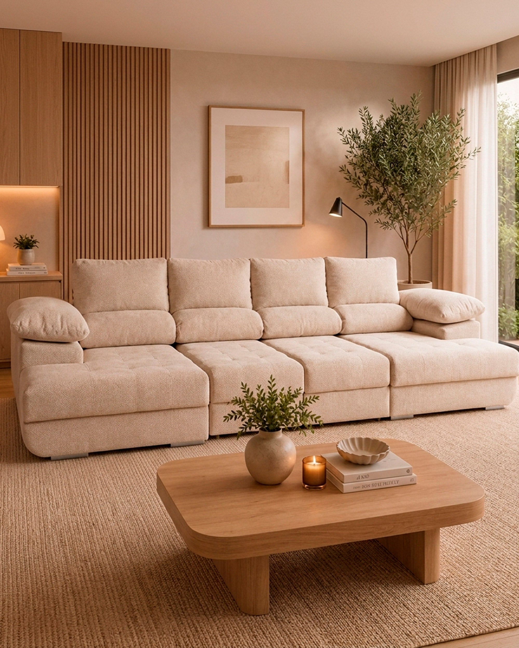Sofá com dupla chaise longue CORNITO com baús e cama