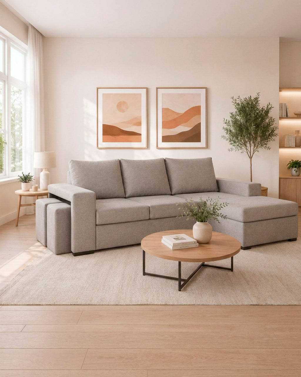 Sofá chaise lounge reversível CASTELO com puffs